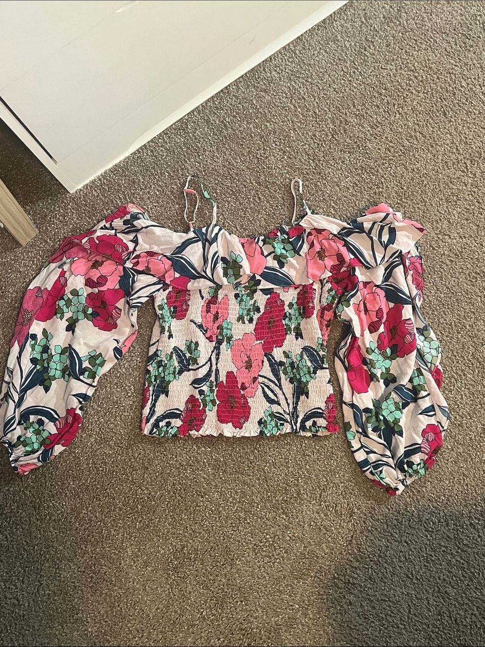 INC International Concepts Pink & Green Floral Off-Shoulder Smocked Crop Top